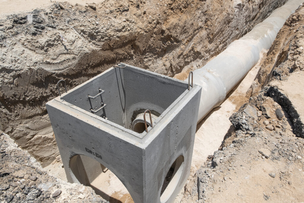 A new concrete sewage and drainage pipe sits in a freshly dug trench. The dirt surrounding the pipe is dry.