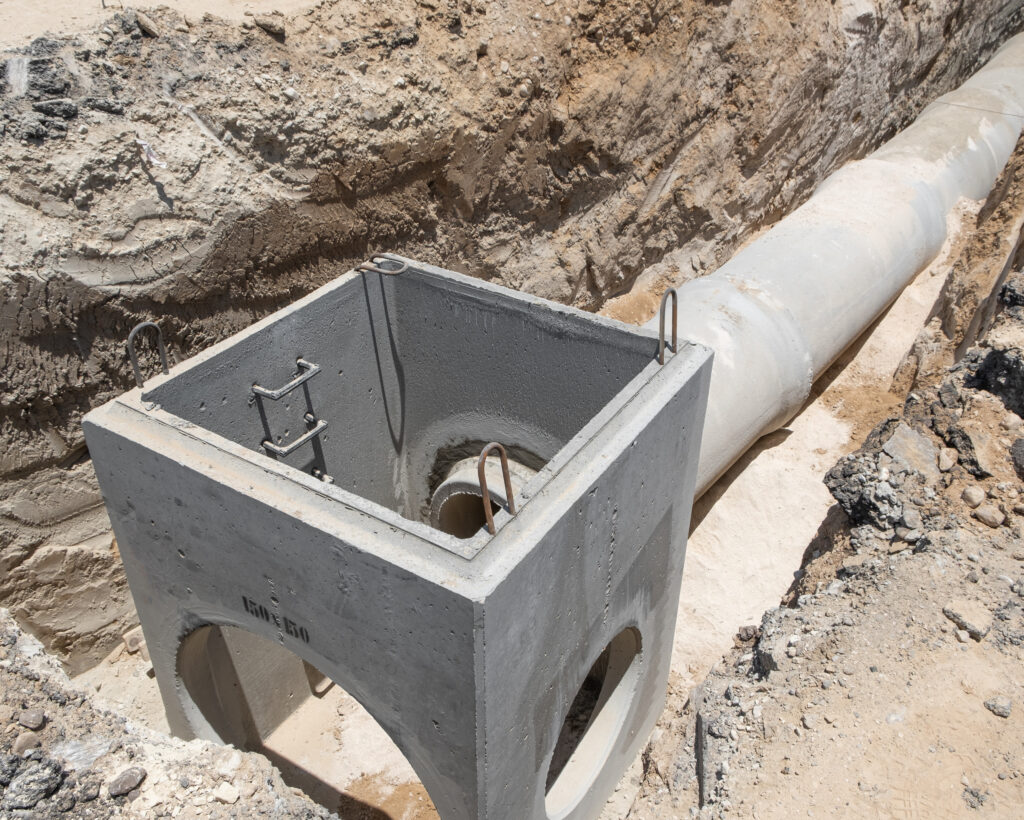 A new concrete sewage and drainage pipe sits in a freshly dug trench. The dirt surrounding the pipe is dry.