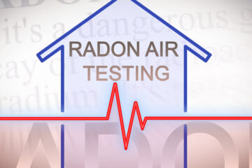 A stylized outline of a house with the words "radon air testing" at center and a definition of radon behind it.