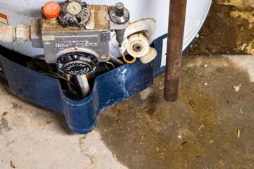 A residential water heater located in the basement with a small leak around the bottom and rusty connections.