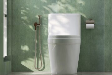 A white toilet, a bidet hose, and a toilet paper holder installed against an earthy-green wall in a bathroom.