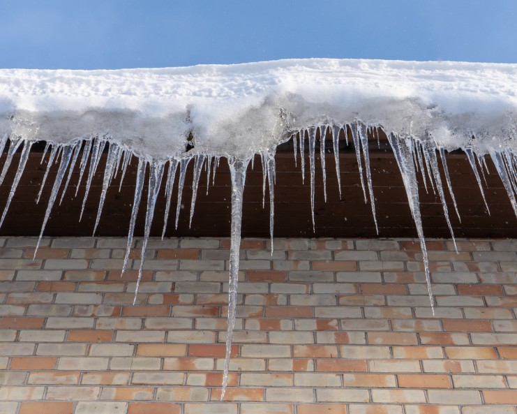 An underside view of thick icicles hanging from a gutter. The gutter is also filled with snow and the house is made of brick.