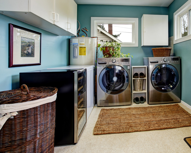 A laundry room with stainless steel appliances features white cabinetry and aqua-painted walls. A plant sits on the washer.