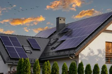 A beautiful residential property covered by a tree line. The roof has solar panels covering it with mounting brackets.
