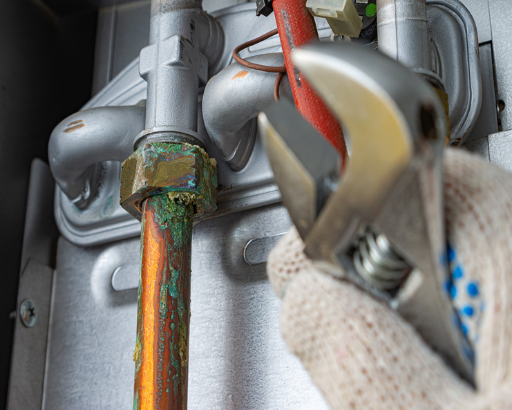 A hand with a glove on holding a wrench near a corroded copper pipe. The pipe is screwed to steel housing.