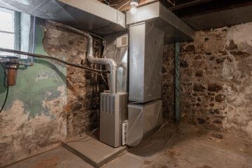 A modern HVAC system with metal ductwork sits in the corner of a residential basement near an exposed stone wall.