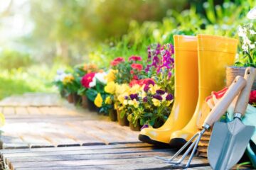 A wooden walkway on the ground surrounded by flowers next to a pair of yellow boots, and various gardening tools.