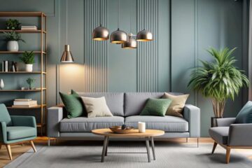 A stylish living room with sleek design choices. There is a couch, a set of chairs, and a bookshelf in the corner.