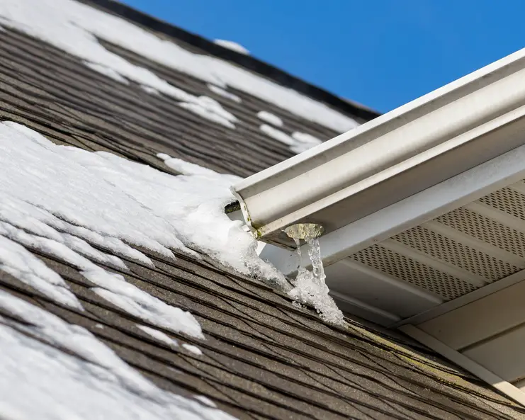 A brown asphalt shingle roof with patches of snow surrounding a white gutter with small icicles hanging from the end.