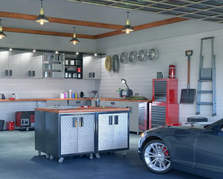 A modern garage design with organization features on the walls and a storage island in the center. There's a car parked.