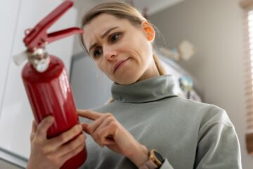 A woman checking the fire extinguisher expiration date in her house. She is standing near the cabinets and a window.