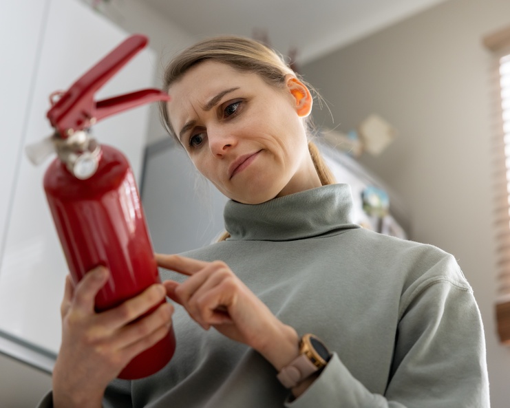 A woman checking the fire extinguisher expiration date in her house. She is standing near the cabinets and a window.