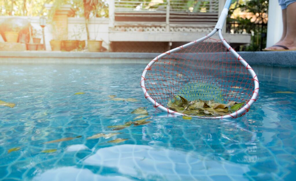 A person standing at a pool's edge, using a pool skimmer net to collect fallen leaves from blue water.