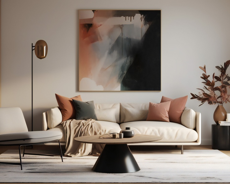 A modern living room with a cream sofa, accent chair, round coffee table, abstract wall art, and coordinating plants.